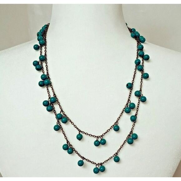 Turquoise Beaded Necklace Southwest Western Jewelry Gold Tone 24" Chain Vintage - Picture 3 of 16